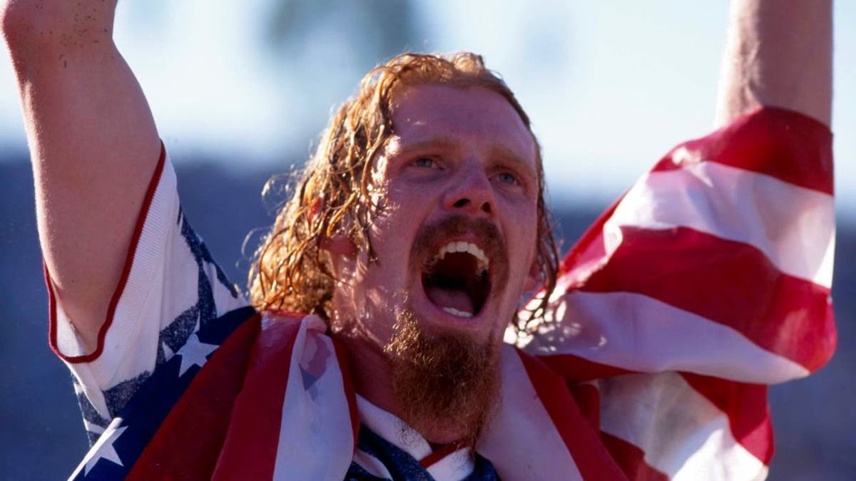 Alexi Lalas celebrates the World Cup group stage win over Colombia in 1994. (Photo by Mark Leech/Getty Images)