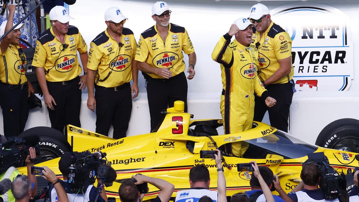 Scott Mclaughlin celebrates winning the 2025 Indy 500 pole. (Photo by Jeffrey Brown/Icon Sportswire via Getty Images)