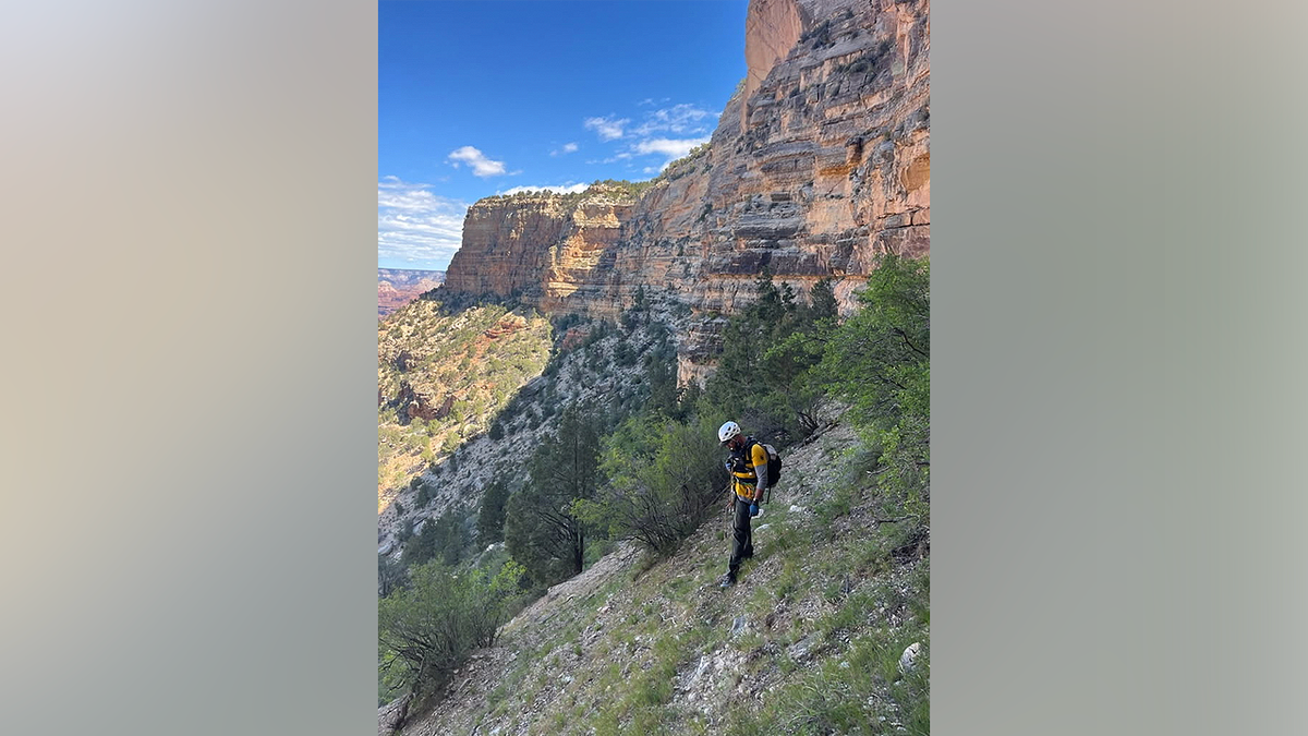 Search and rescue personnel navigate steep terrain at Grand Canyon National Park during search for missing student