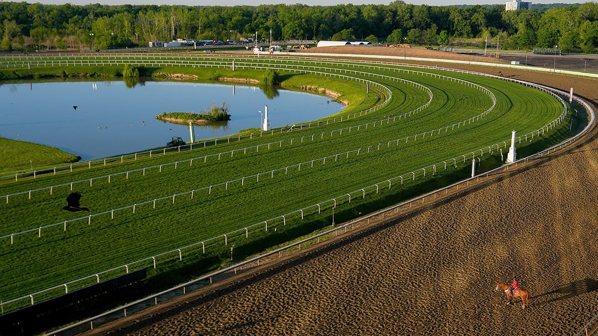 A horse working out at Laurel Park racetrack during sunrise.