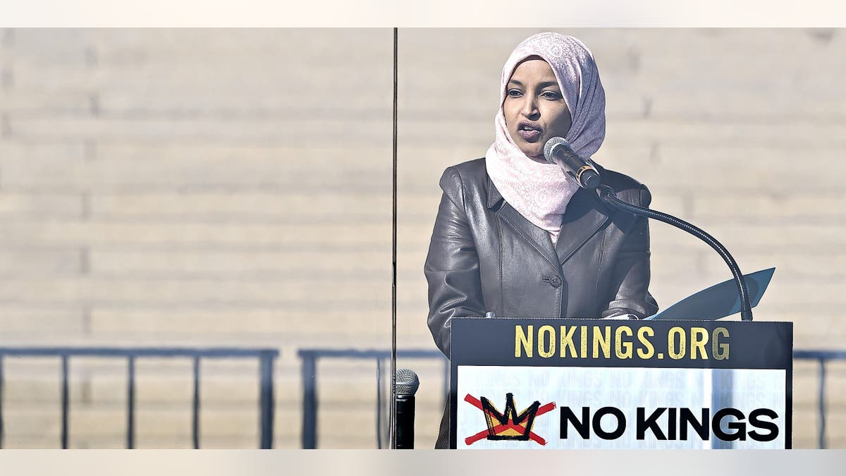 Rep. Ilhan Omar speaking at the Minnesota State Capitol during a rally.