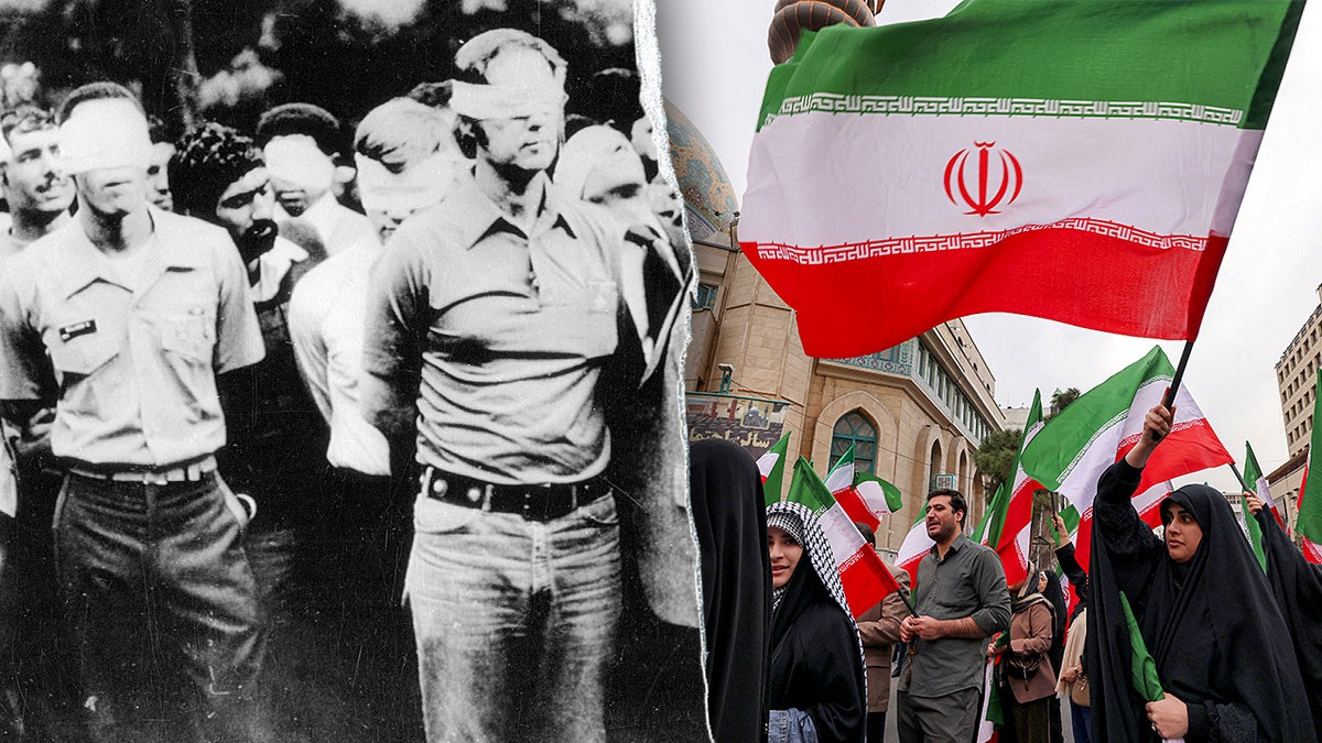 Split image showing Americans held hostage during 1979 Tehran embassy seizure and modern-day protests in Iran