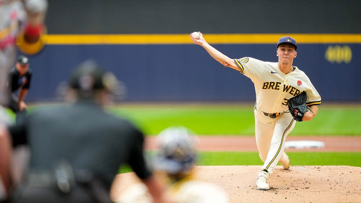 Milwaukee Brewers pitcher Jacob Misiorowski throwing a pitch during a baseball game.