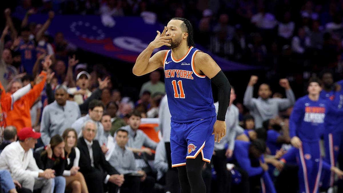 Jalen Brunson of the New York Knicks reacting during NBA playoff game in Philadelphia