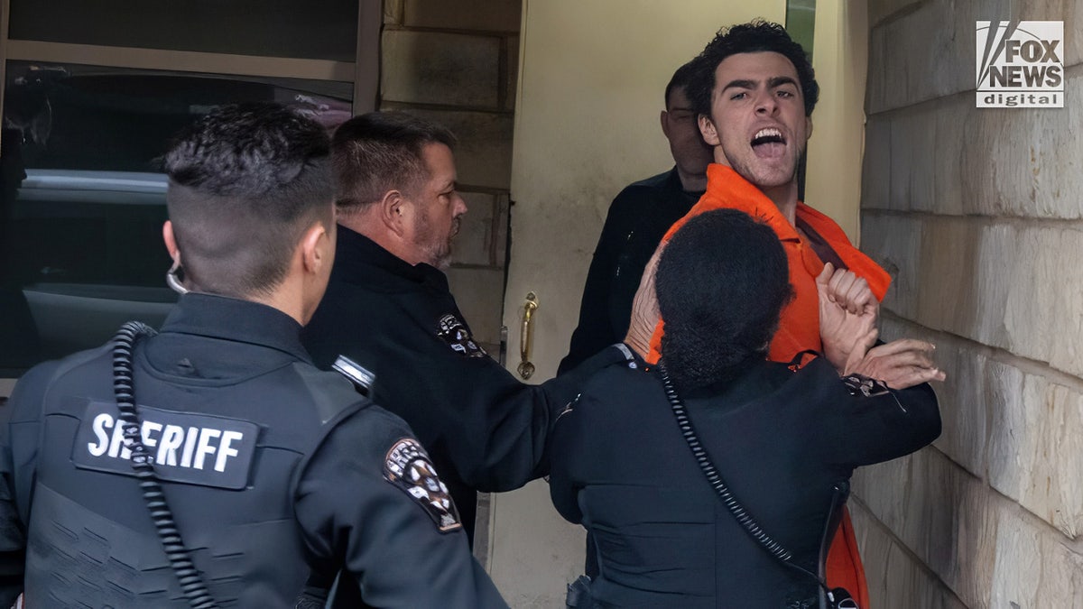 Luigi Mangione shouting while officers restrain him outside courthouse