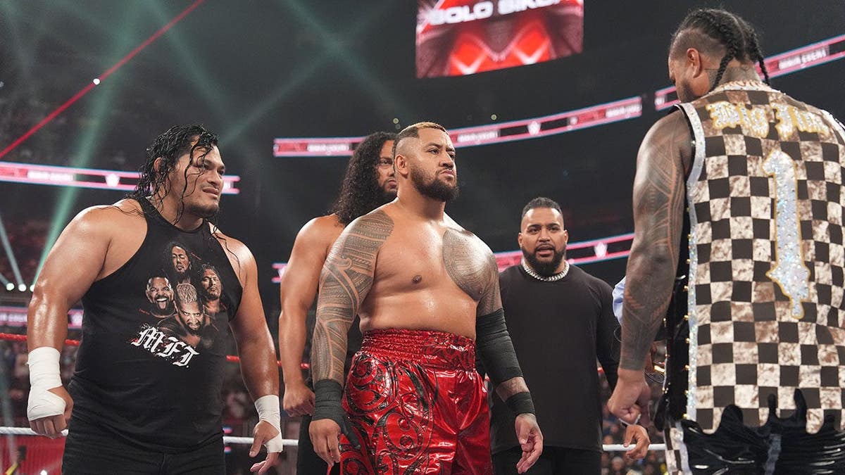 MFT's JC Mateo, Talla Tonga, Solo Sikoa and Tonga Loa face off with Jimmy Uso in a wrestling ring