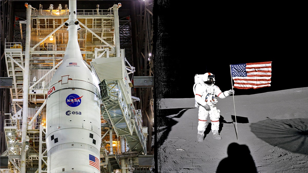 NASA rocket on launch pad preparing for moon mission