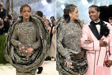 Rihanna returns to Met Gala 2026 fashionably late in a sculptural metallic ensemble alongside A$AP Rocky
