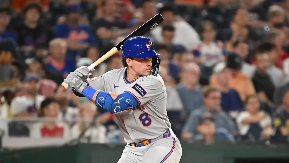 New York Mets left fielder Nick Morabito preparing to swing at a pitch at Nationals Park