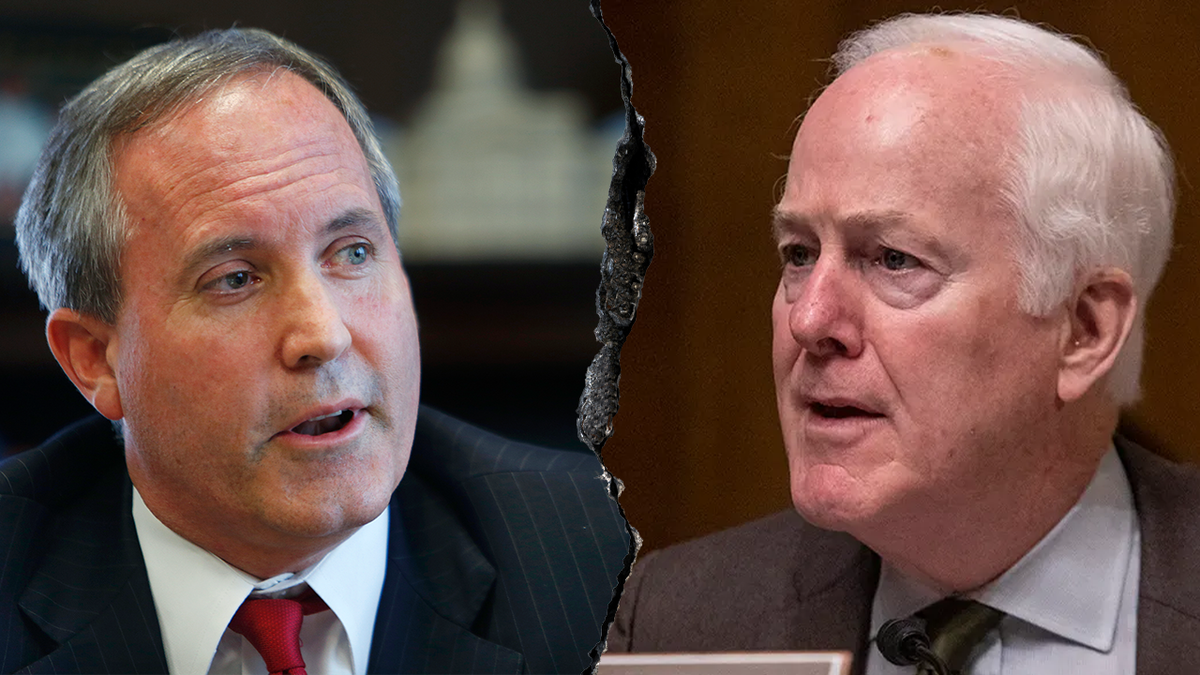 Texas Attorney General Ken Paxton and Sen. John Cornyn standing together