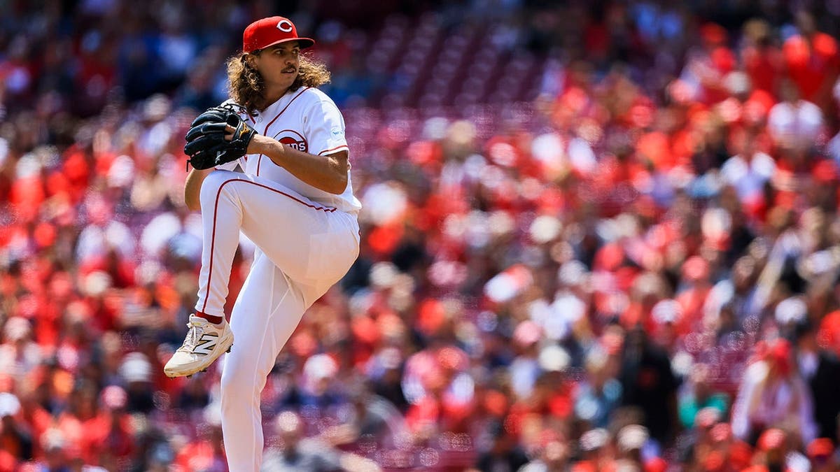 Rhett Lowder pitching for Cincinnati Reds at Great American Ball Park