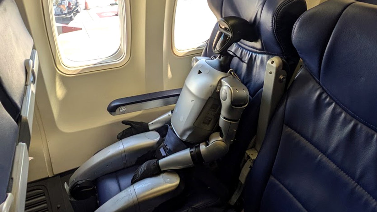 Humanoid robot seated in a window seat on an airplane, secured with a seatbelt.