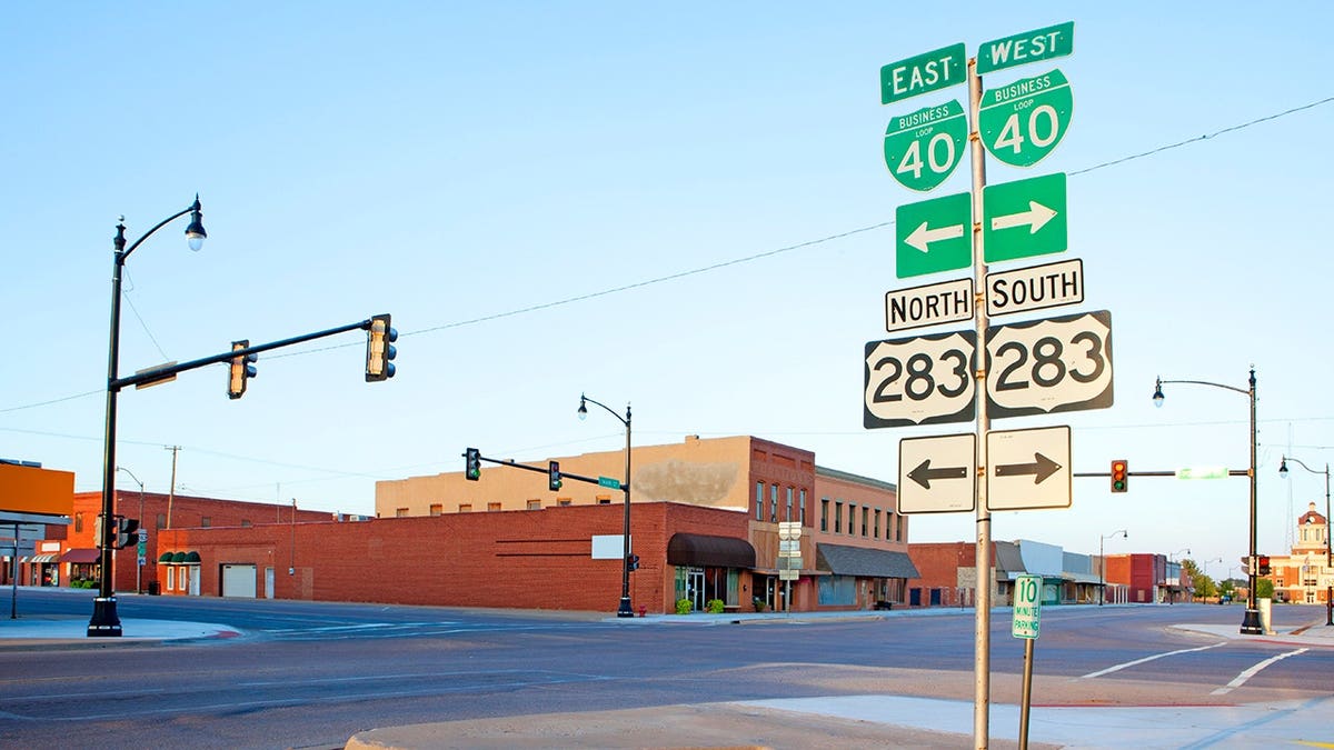 Empty streets and storefronts in Sayre, Oklahoma