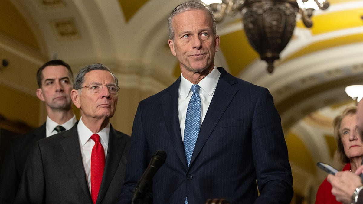 Senate Majority Leader John Thune speaking at a press conference in Washington, D.C.