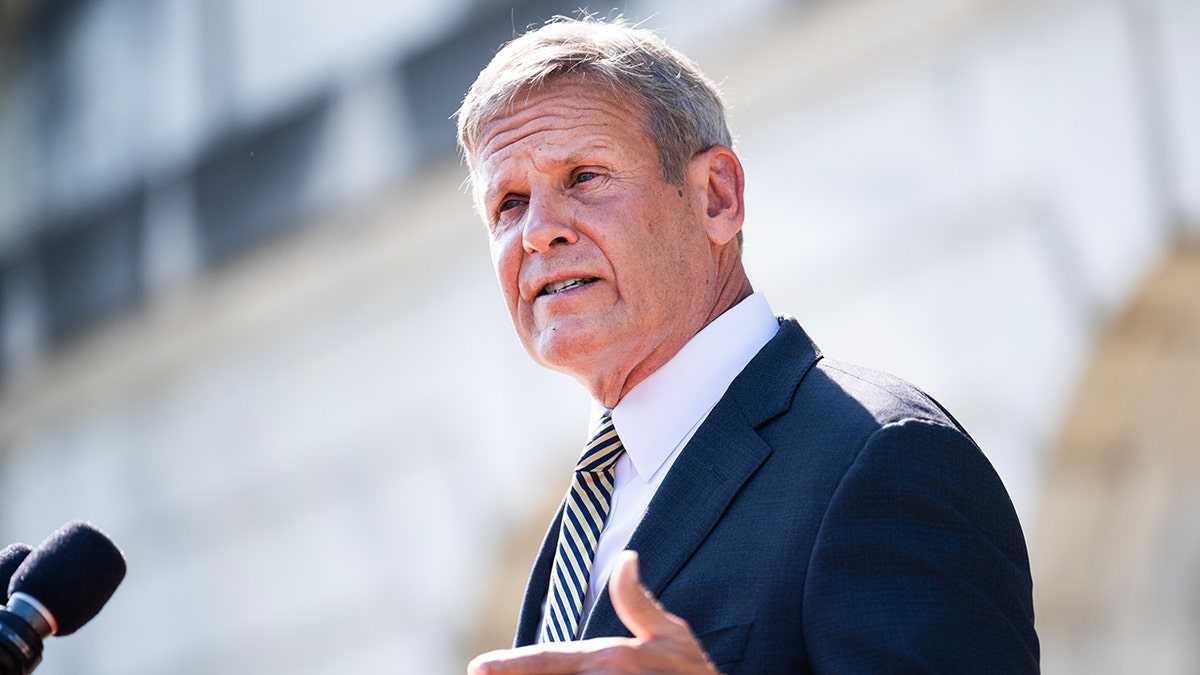 Tennessee Gov. Bill Lee speaking at a news conference outside the USDA Whitten Building