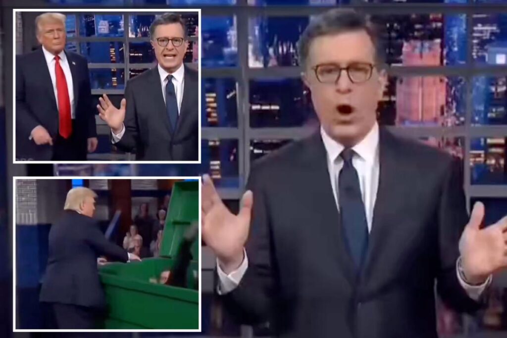 Trump posts AI-generated video of himself throwing Stephen Colbert into dumpster after final ‘Late Night Show’ episode