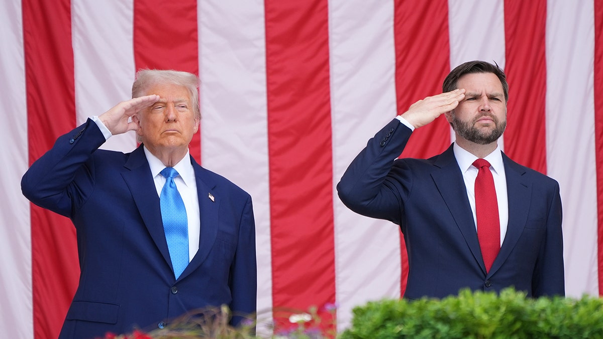 President Donald Trump and Vice President JD Vance salute at Arlington National Cemetery