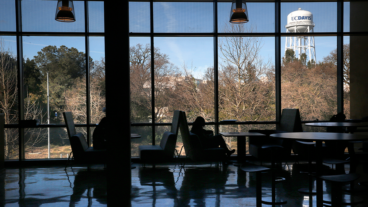 Interior view of UC Davis campus with iconic water tower visible in Davis, California