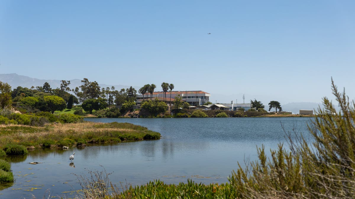 View of University of California Santa Barbara campus across lagoon
