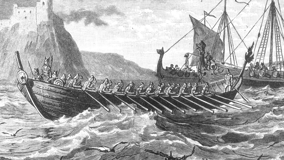 Depiction of Viking leader Ivar the Boneless leading raiders invading England.
