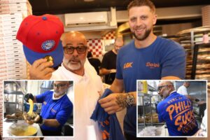Owner of Philadelphia’s iconic Pat’s cheesesteaks force to work in NY — wearing ‘Philly Sucks’ shirt — after losing Knicks bet