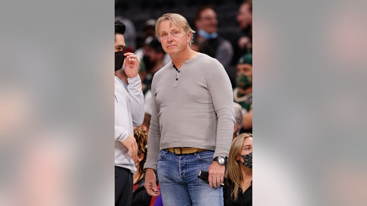 Milwaukee Bucks owner Wes Edens looking on before a basketball game at Fiserv Forum