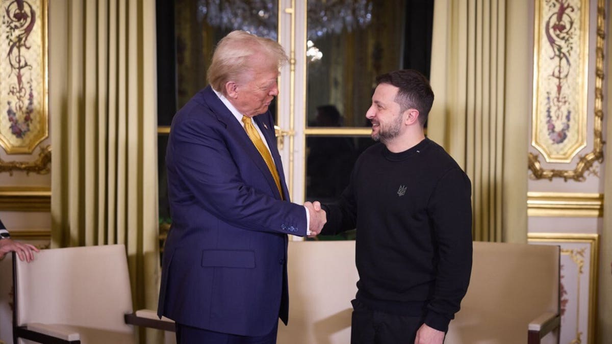 Ukrainian President Volodymyr Zelenskyy and President-elect Donald Trump shaking hands at Elysee Presidential Palace in Paris