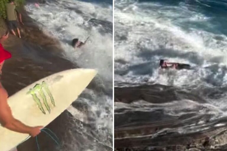 Rogue wave sweeps woman off infamous beach as frantic rescue caught on camera