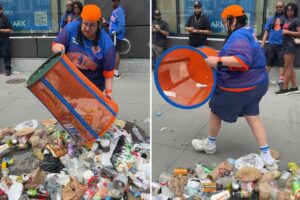 Total trash: wild video shows woman stealing Knicks garbage can and dumping refuse all over the street