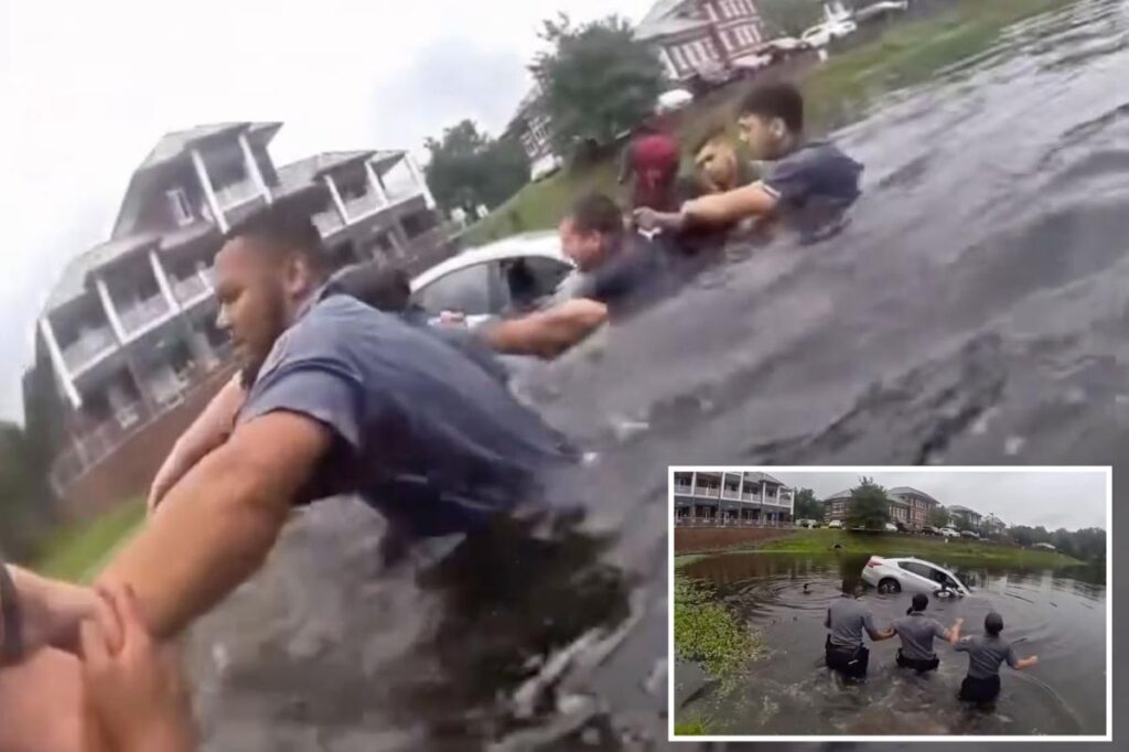 Virginia first responders form human chain to rescue driver from sinking car that crashed into pond