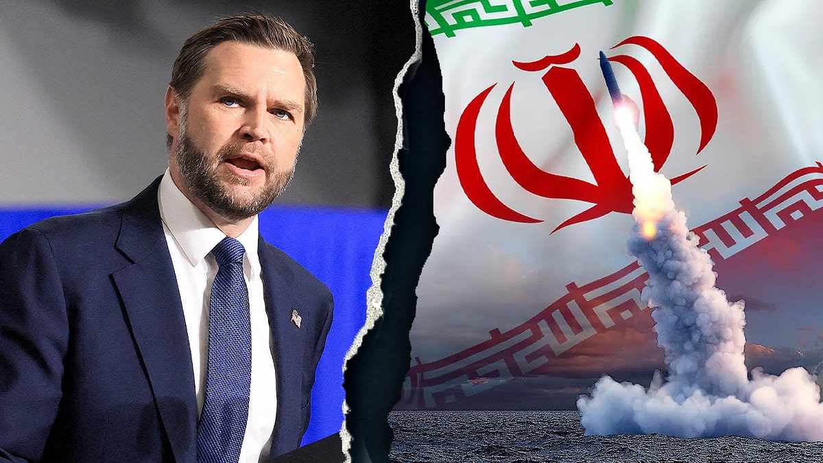 Vice President JD Vance standing next to an image of a missile and the Iranian flag.