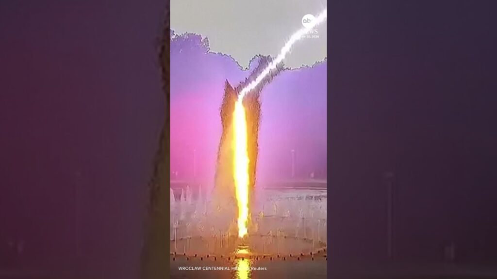 Surveillance footage captured the moment lightning struck a fountain