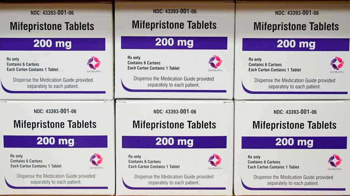 Boxes of mifepristone drug on a shelf at West Alabama Women's Center in Tuscaloosa