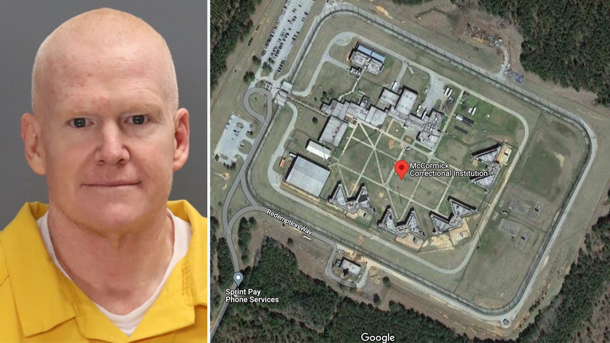 Alex Murdaugh standing in a booking photo next to an aerial view of McCormick Correctional Institution