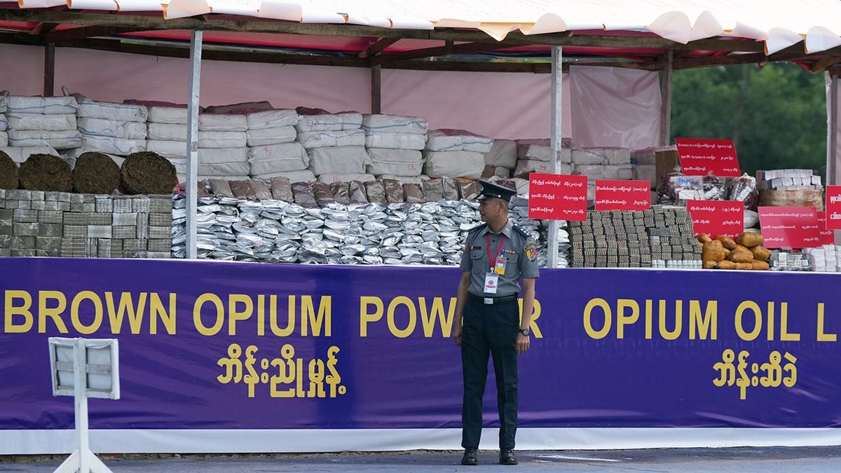 Firefighter stands next to drugs set ablaze in Burma