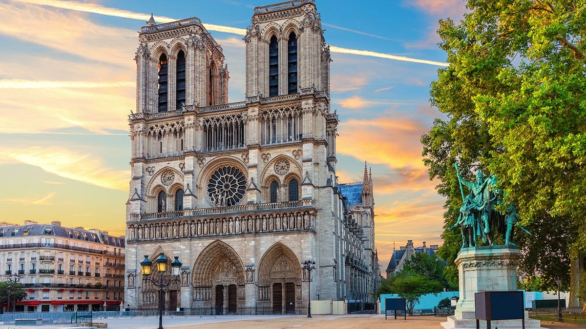 View of Notre Dame Cathedral exteriors in Paris