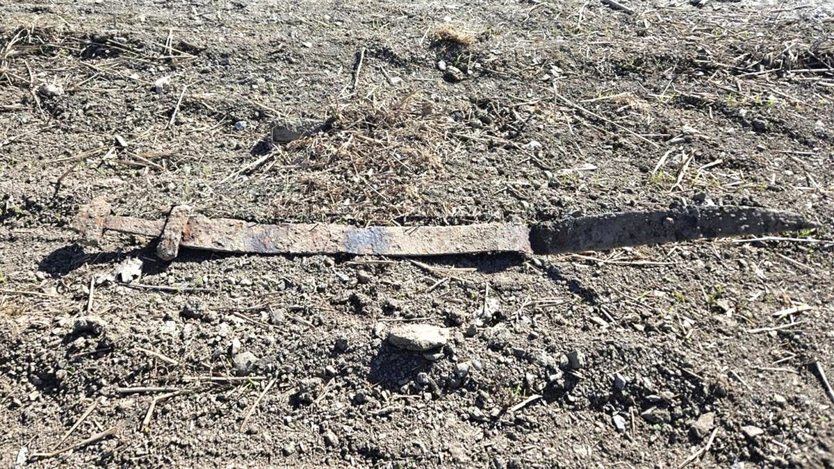 View of rust-covered sword on ground