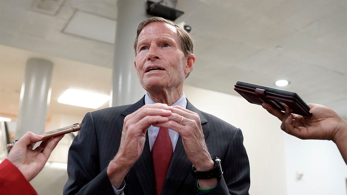 Sen. Richard Blumenthal speaking to reporters on Capitol Hill in Washington