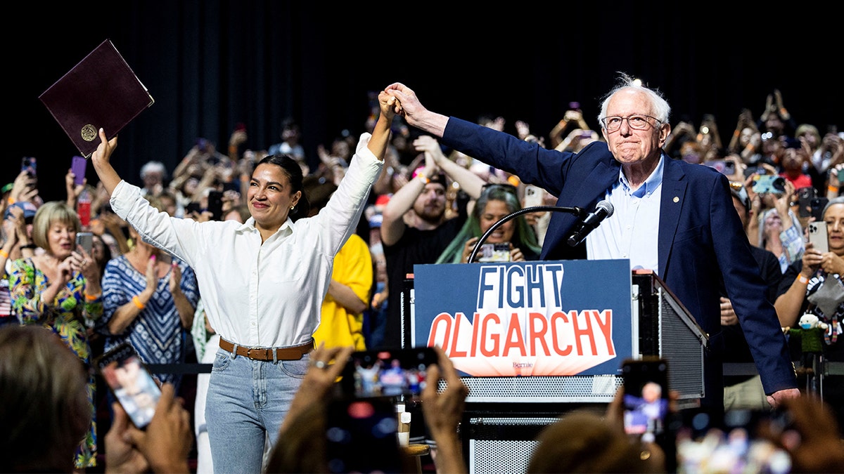 Representative Alexandria Ocasio-Cortez and Senator Bernie Sanders speaking at Dignity Health Arena in Bakersfield