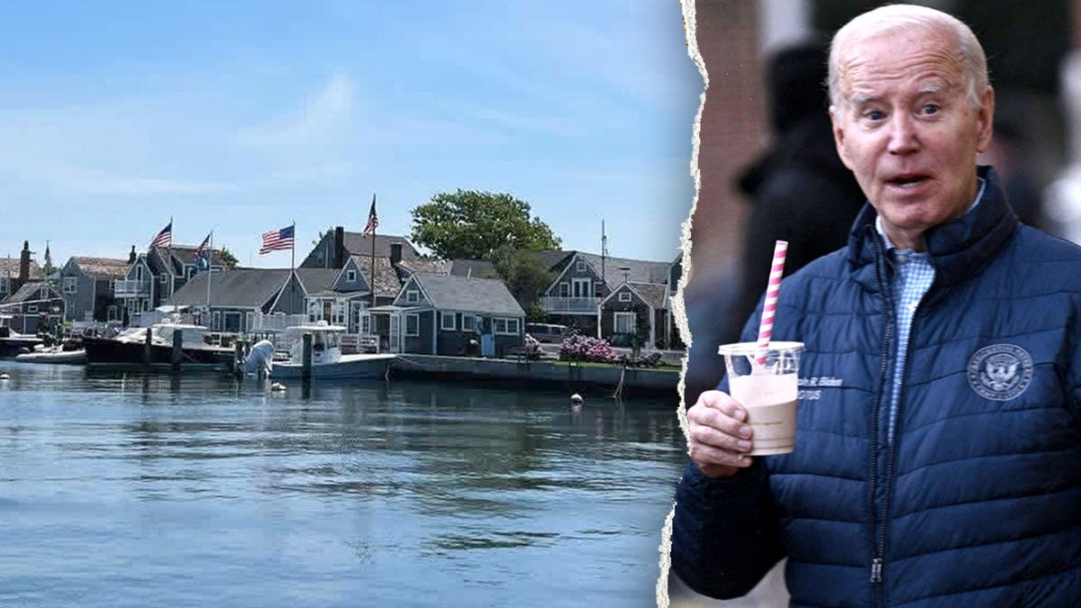 nantucket beauty shot with boats, joe biden with milkshake on island