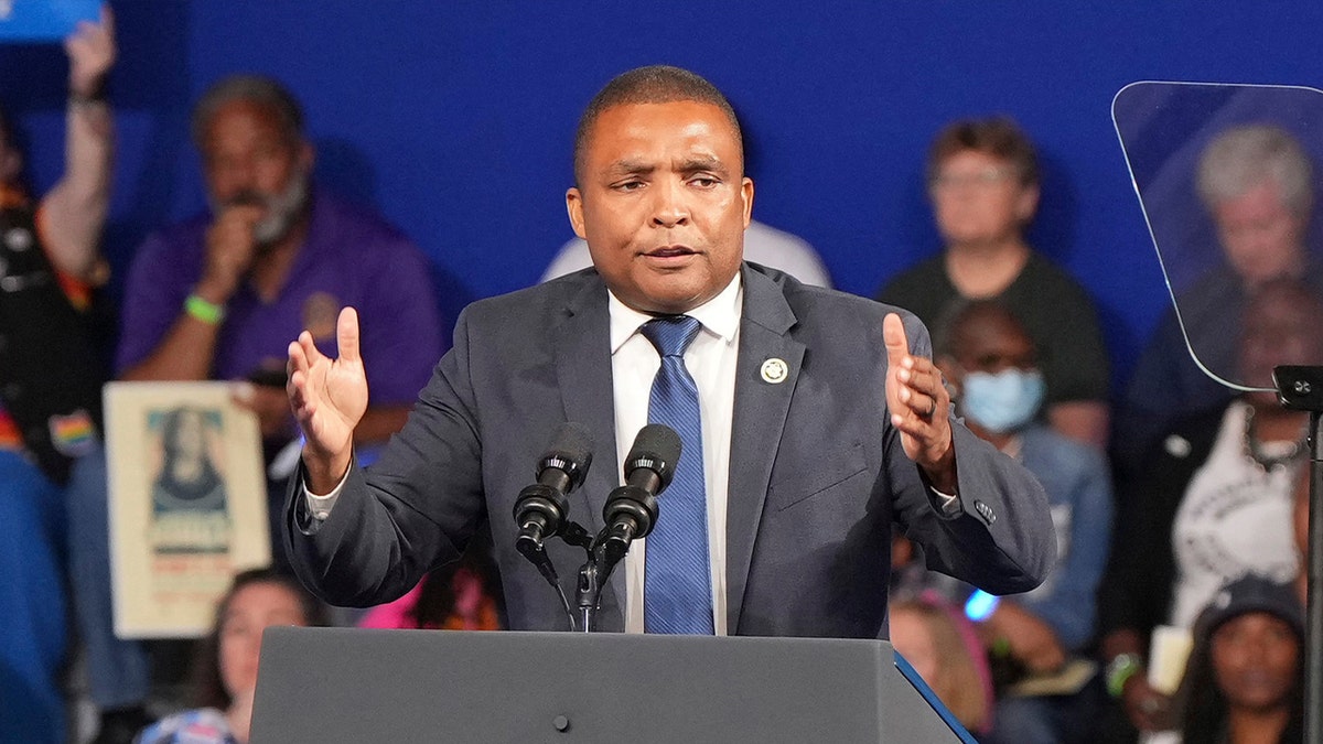 Rep. Don Davis speaking at a campaign event at East Carolina University in Greenville, North Carolina