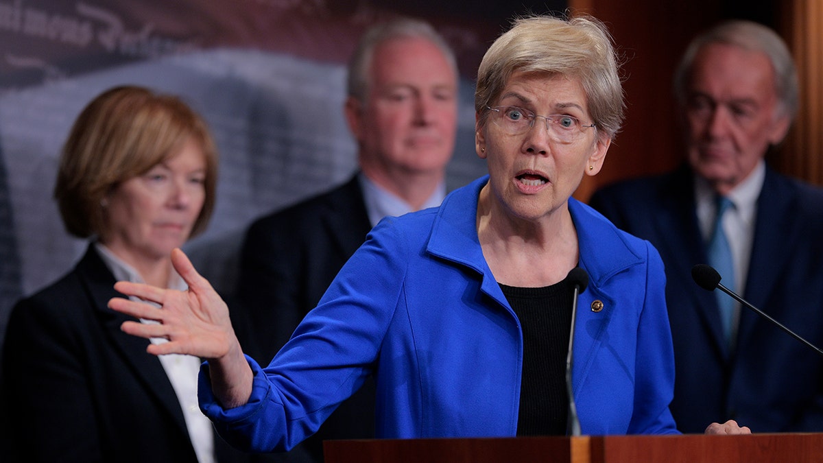 Sen. Elizabeth Warren speaking at a news conference at the U.S. Capitol