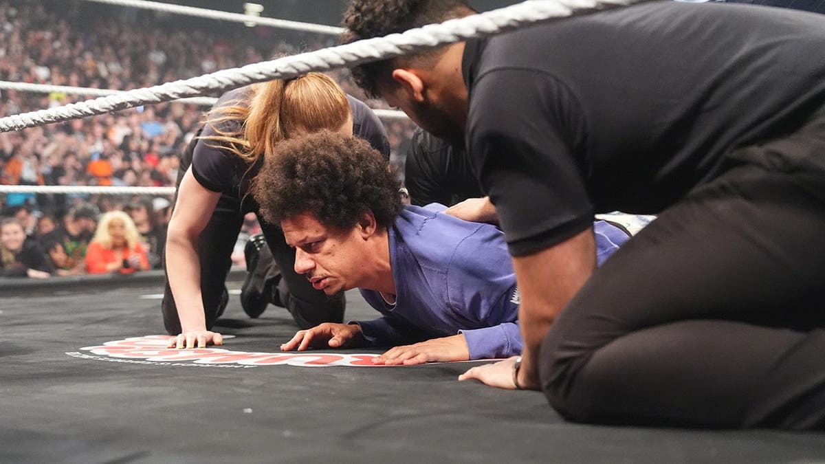 Eric André looking on after being attacked by Jacob Fatu during Monday Night RAW at CFG Bank Arena