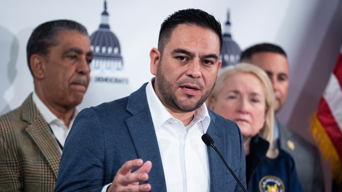 Rep. Gabe Vasquez speaking at a news conference with Congressional Hispanic Caucus members