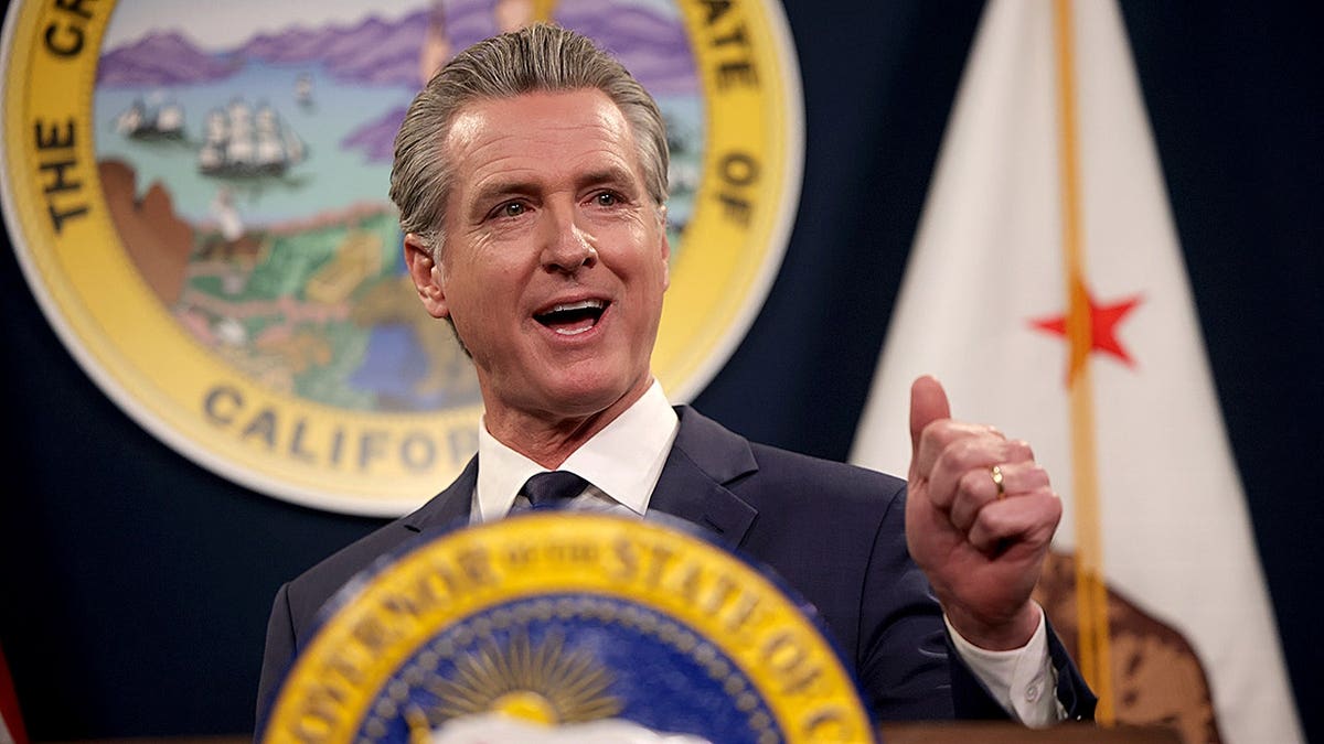 California Gov. Gavin Newsom delivering state budget plan at Capitol Annex Swing Space