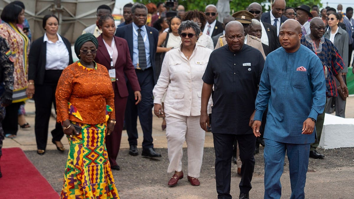 John Dramani Mahama and Mia Amor Mottley attending wreath-laying at Christiansborg Castle in Accra Ghana