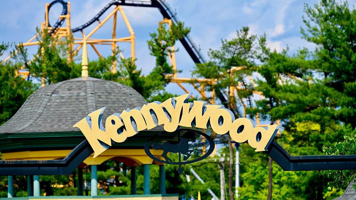 Kennywood sign at the main entrance to Kennywood Amusement Park near Pittsburgh