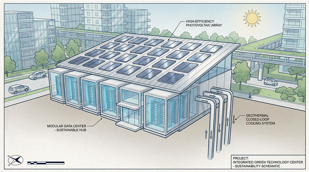 Modular data center concept featuring solar energy and closed-loop cooling infrastructure.