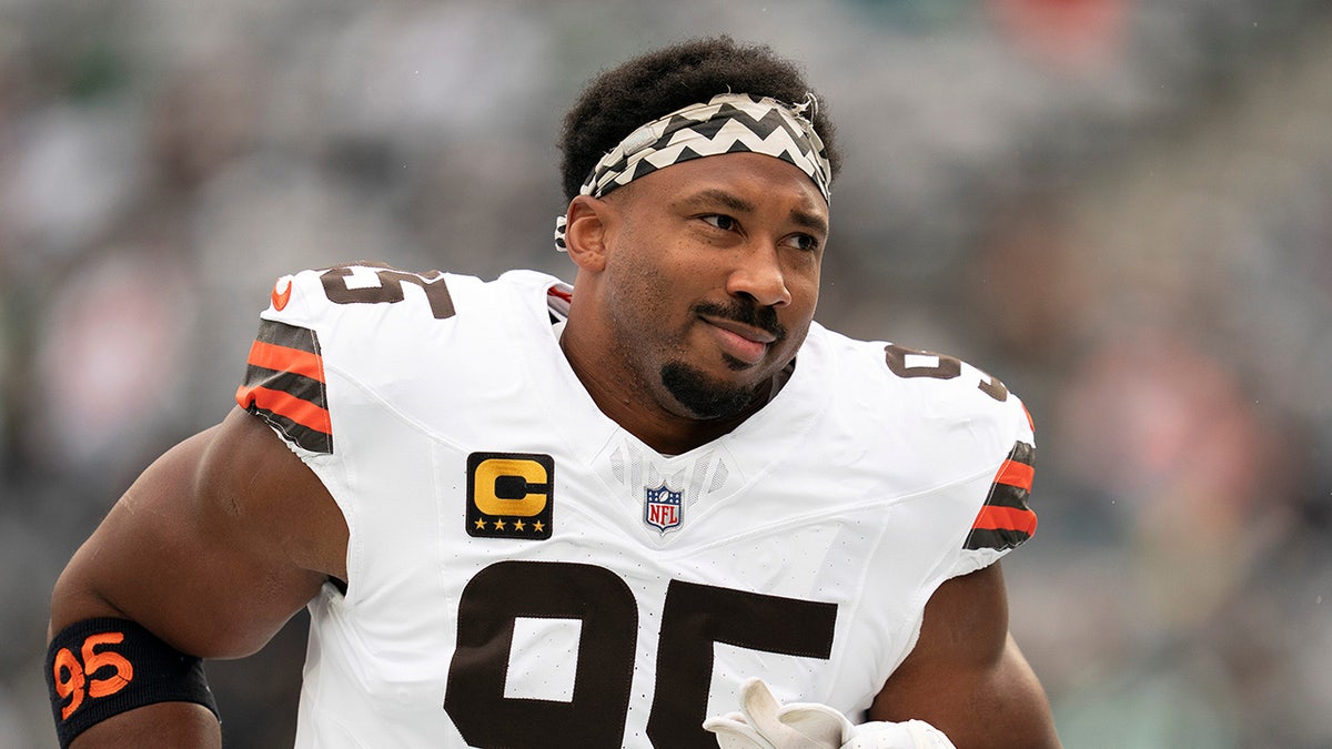Myles Garrett warming up on the field at MetLife Stadium
