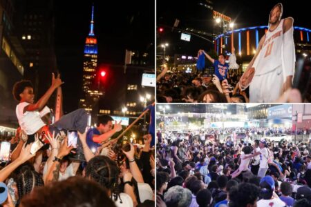 Knicks fans go bonkers in NYC after Game 2 Finals win, celebrate in streets outside MSG: ‘Go New York!’